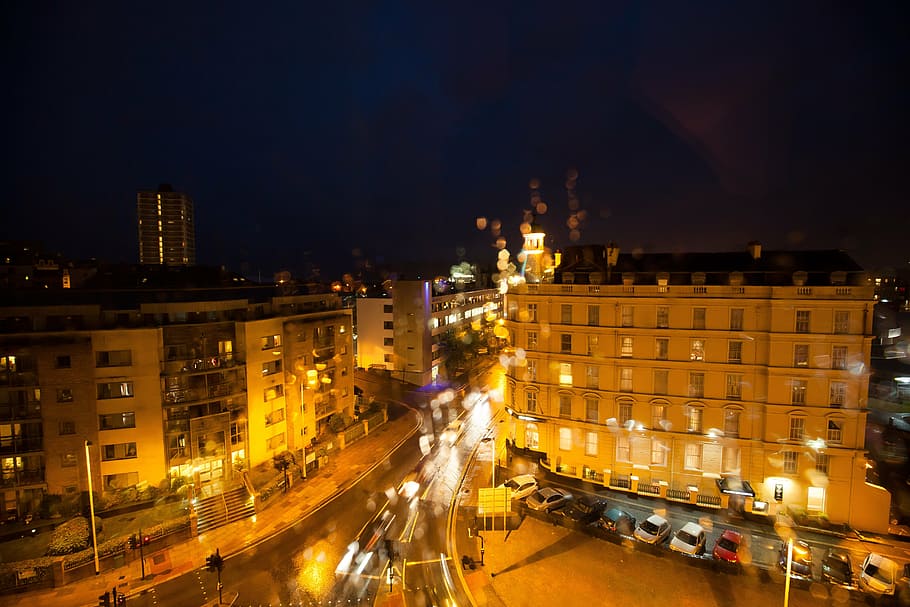 rain, reflexes, refraction, junction, hotel, residential buildings HD wallpaper