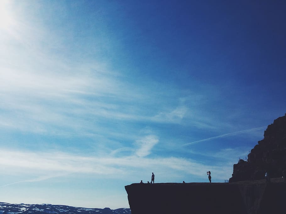 blue, sky, mountains, cliff, people, shadow, architecture, cloud - sky HD wallpaper
