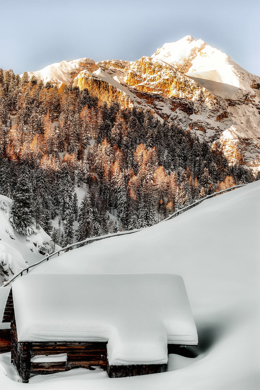 photo of brown wooden house covered with snow near mountain, bird's eye view of snow mountain HD wallpaper