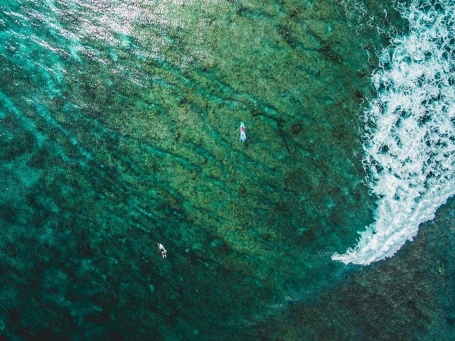 aerial photography of two surfers on sea, ocean, wave, green water