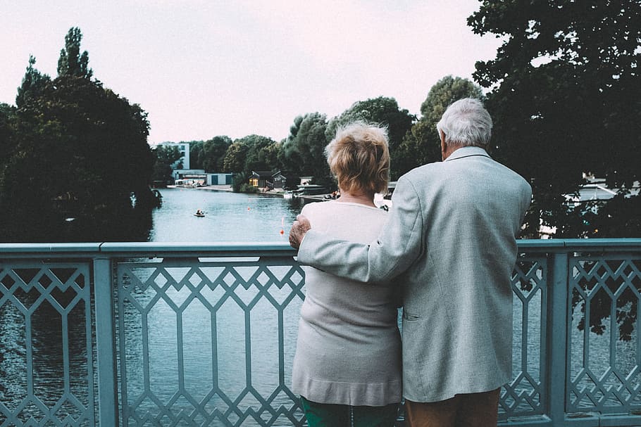 Old couple on bridge, lifestyle, people, outdoors, women, adult, HD wallpaper