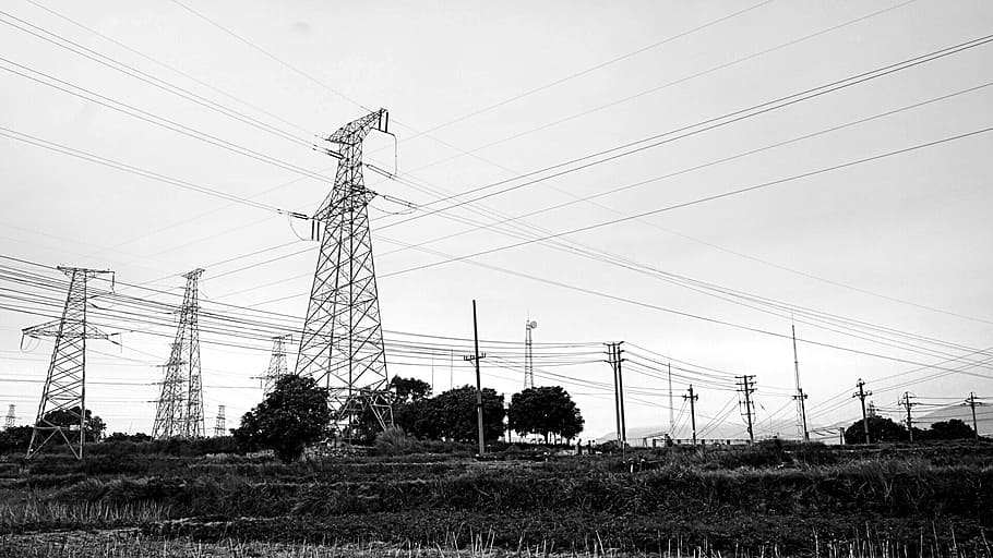 pylons, black and white, the scenery, ye tian, country, electricity, HD wallpaper