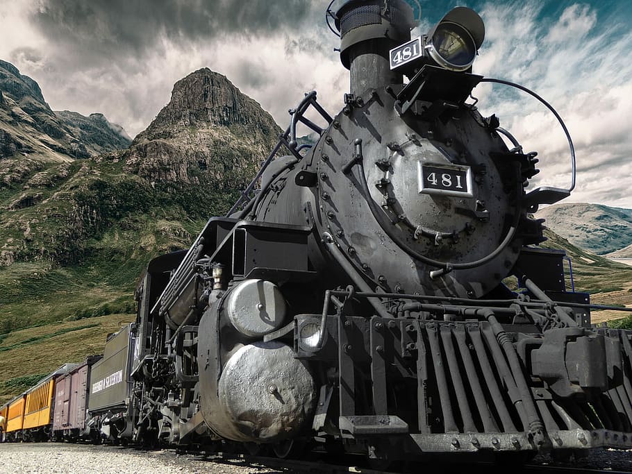 black train with mountain background, Railway, Steam, Locomotive