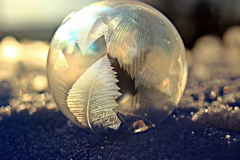 feather etched glass ball paperweight, soap bubble, frost blister