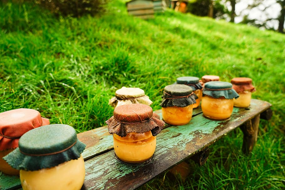 hobbit, new zealand, food, jar, grass, food and drink, plant HD wallpaper