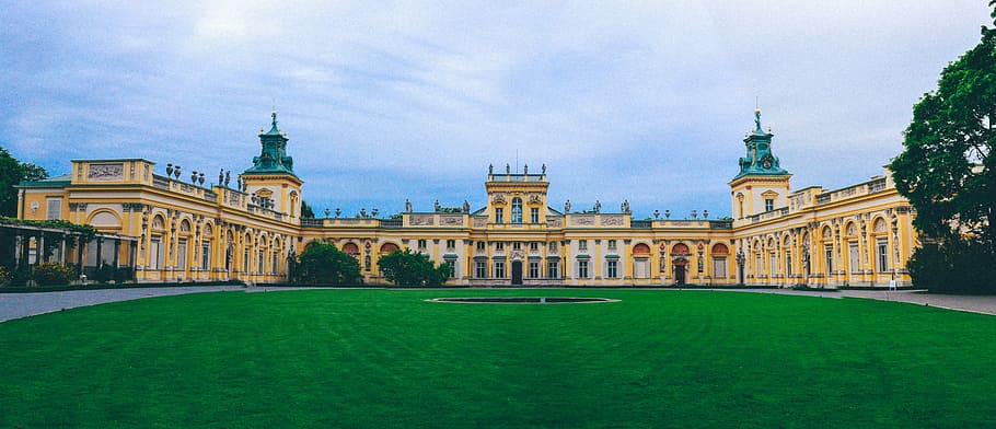 architecture, building, garden, panoramic, poland, sky, Wilanowski Palace HD wallpaper