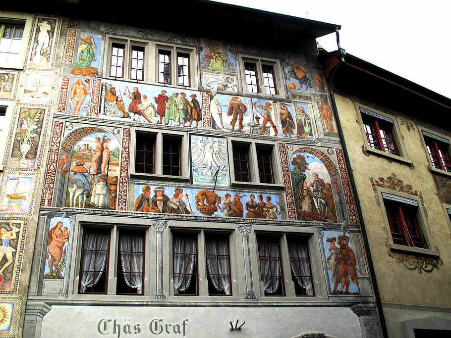 Old Town, Mural, Row, Window, art, seedlings, beautiful, stein am rhein, HD wallpaper