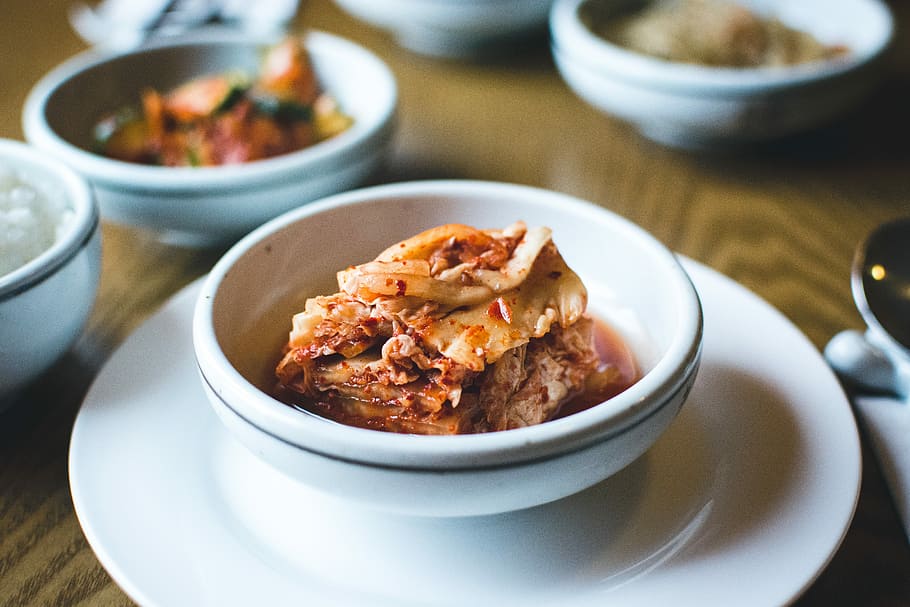 Kimchi in a white bowl close up, eating out, healthy, korean, HD wallpaper