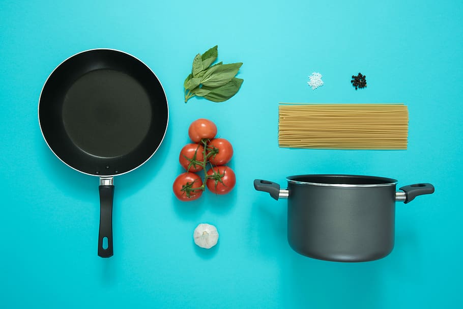 HD wallpaper: flat lay photography of frying pan beside tomatoes ...