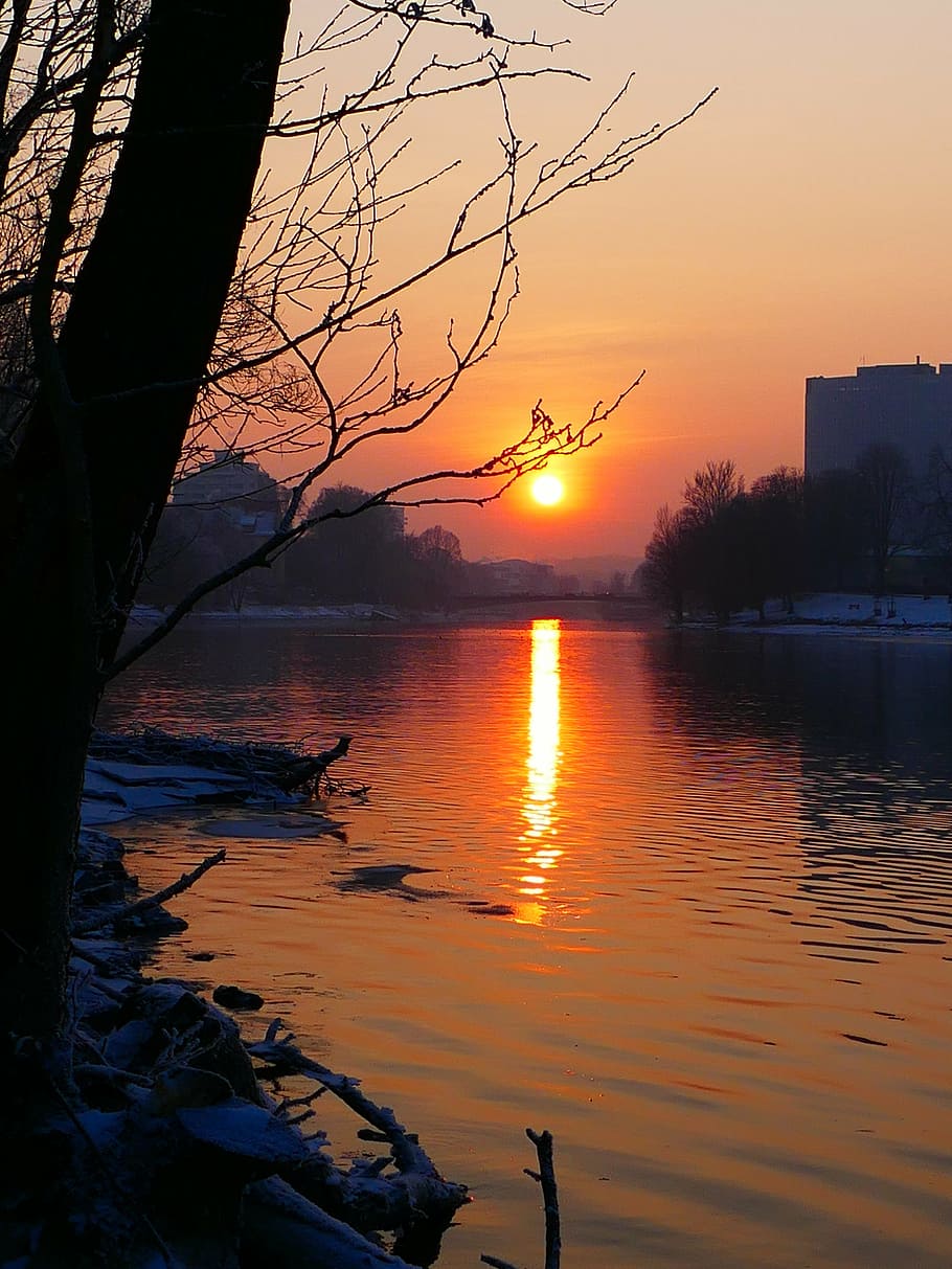 sunset, winter, water, river, abendstimmung, mirroring, evening HD wallpaper