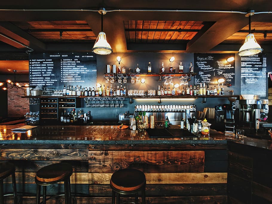 brown-themed bar, bar counter interior, bar - drink establishment HD wallpaper