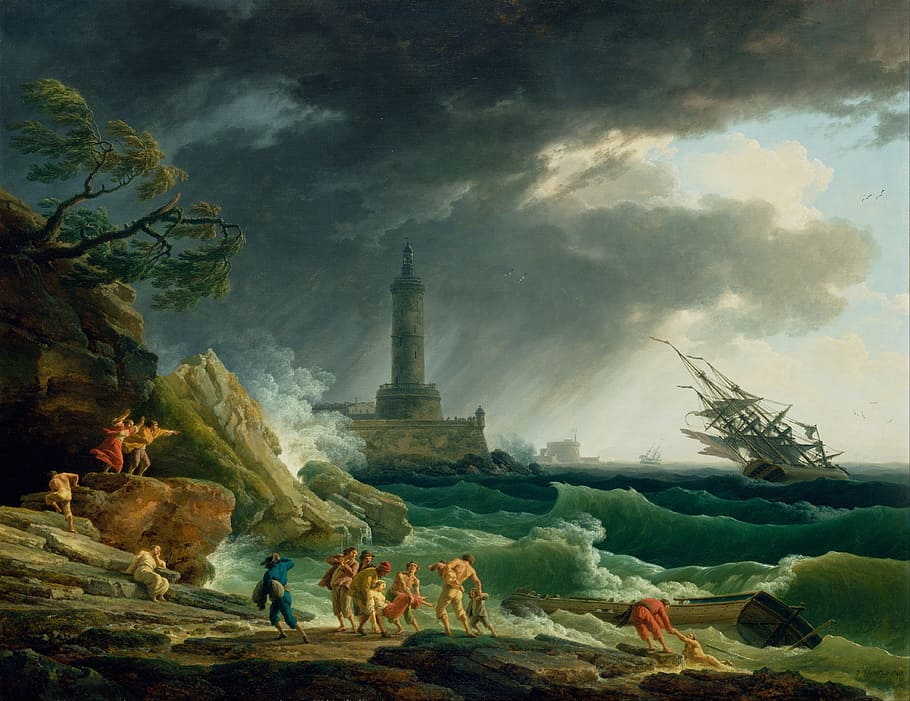 group of people beside shore illustration, claude vernet, painting