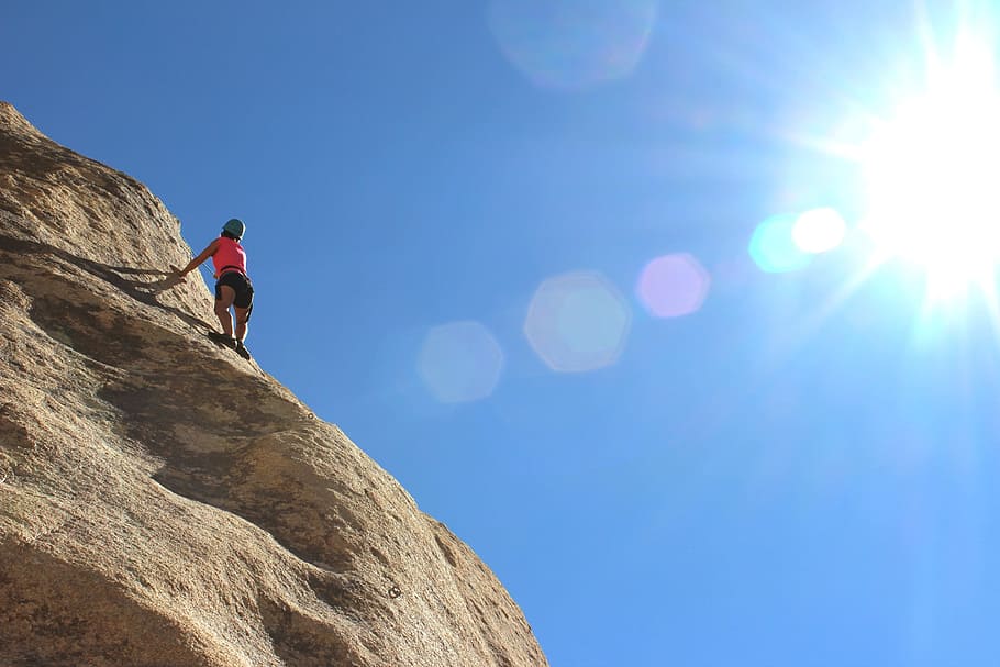 person in pink top and black bottom trekking mountain, climber HD wallpaper