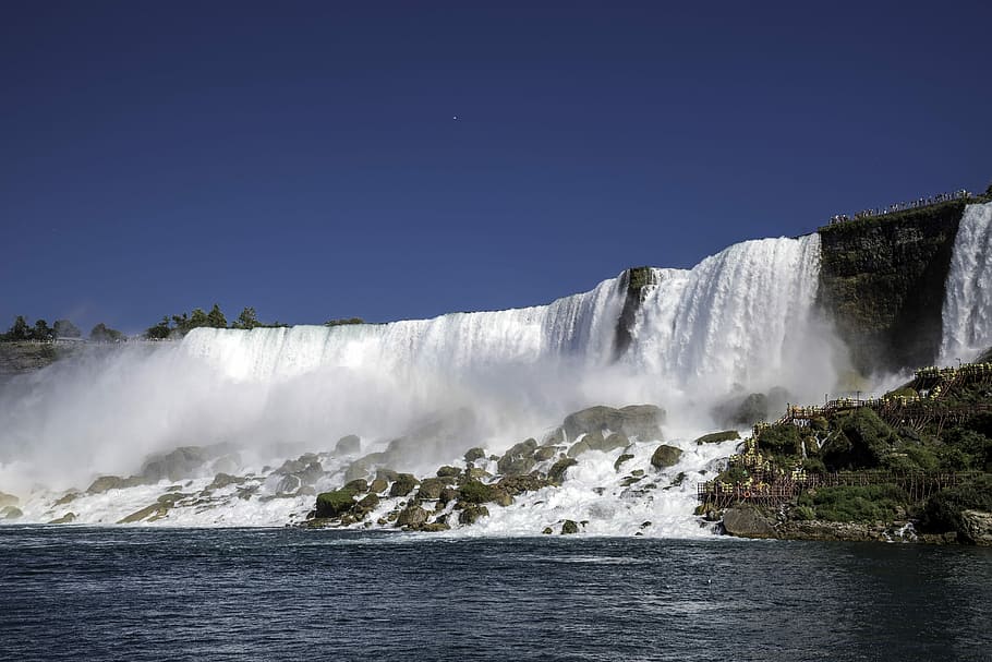 Side view of American falls from the River at Niagara Falls, Ontario, Canada