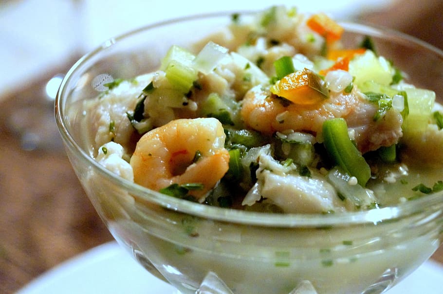 bowl of shrimp and vegetables, Ceviche, Menu, food and drink HD wallpaper