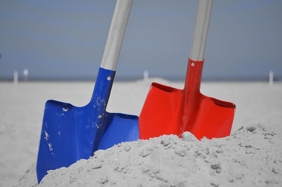 two blue and red shovels, blade, spade, dig, sand, excavate HD wallpaper
