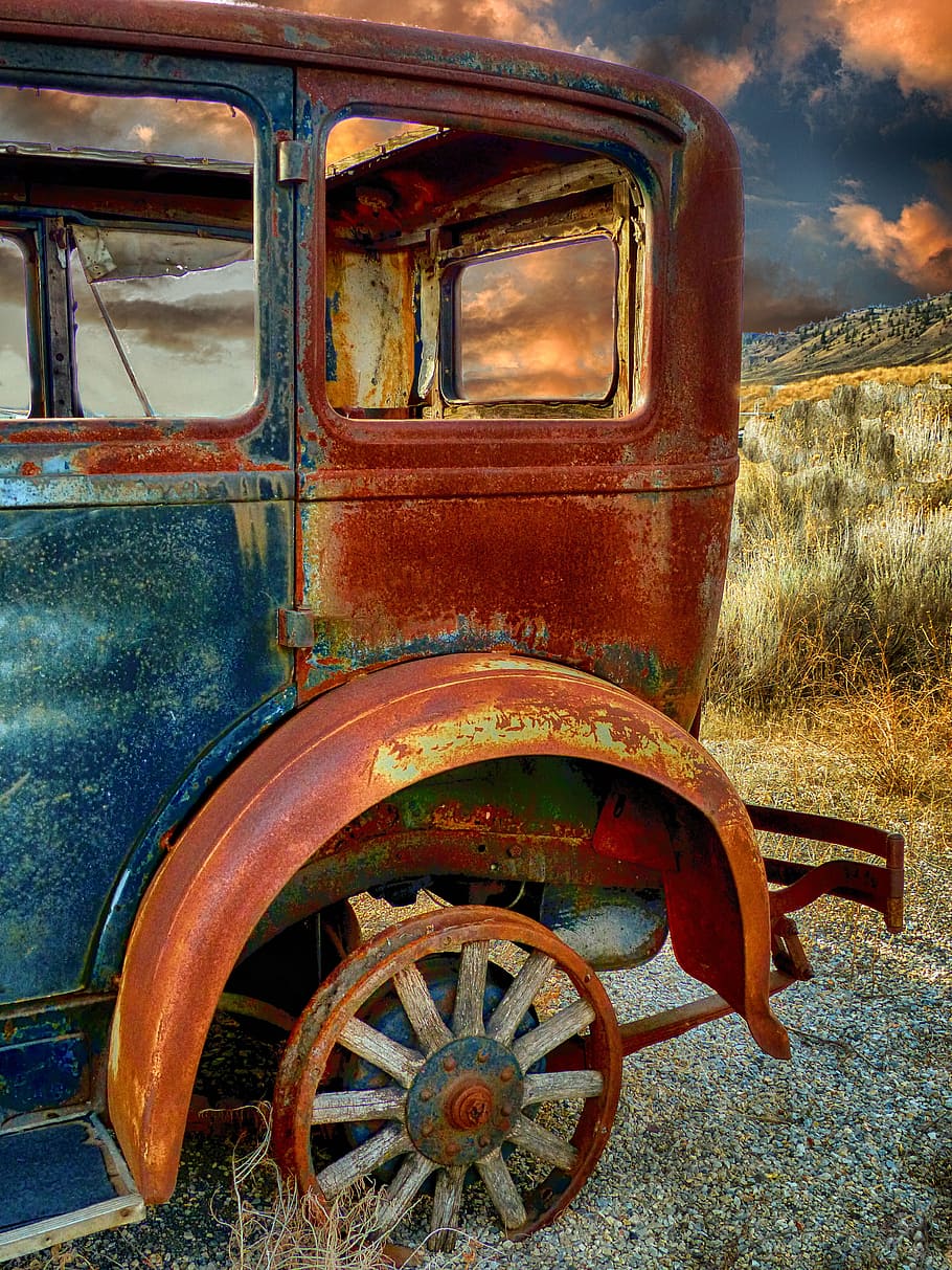 classic blue vehicle near green grass field, oldtimer, rusty HD wallpaper