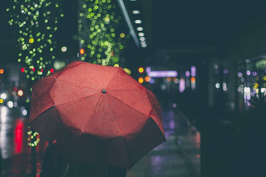 person with red umbrella walking on street during nighttime, person walking on street holding umbrella, HD wallpaper