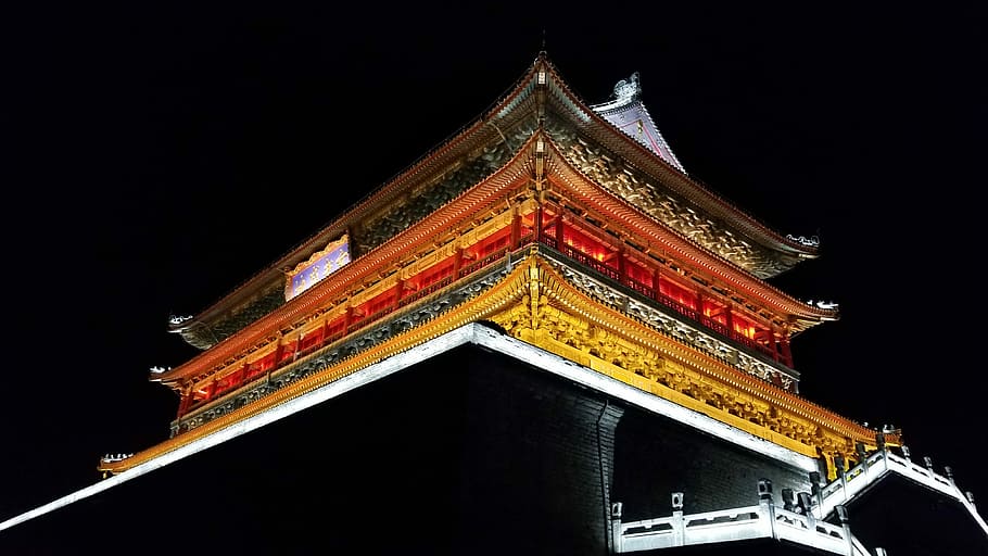 xi’an, brown, red, and beige pagoda, building, dark, temple HD wallpaper