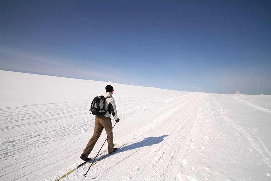 Snow, Skiing, Cold, Man, cross-country, sky, winter, full length, HD wallpaper