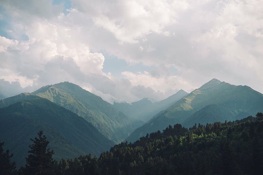 white clouds over green mountains, forest, landscape, nature HD wallpaper