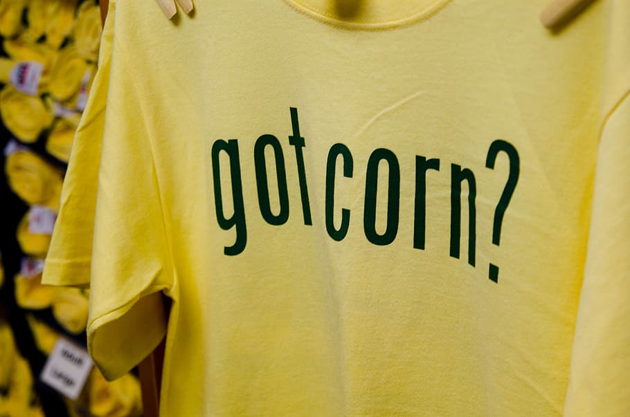 yellow and black crew-neck shirt, yellow got corn?-printed shirt HD wallpaper