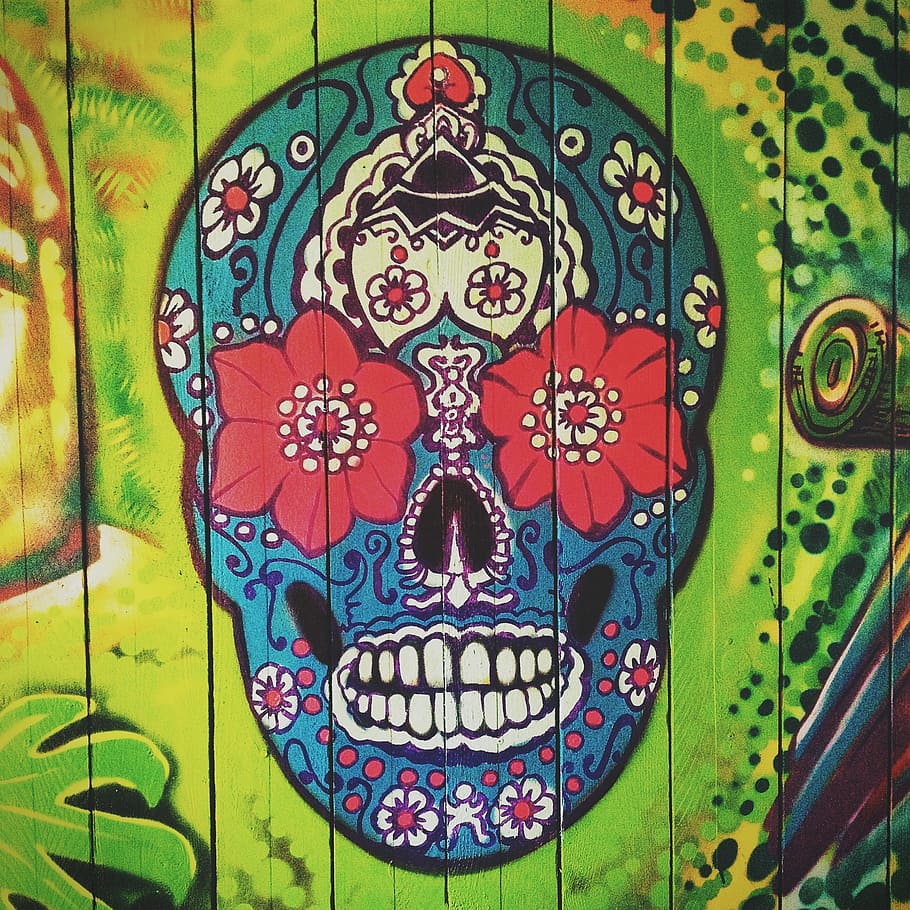 blue, red, and white Calavera skull painting, symbol, mexican, HD wallpaper
