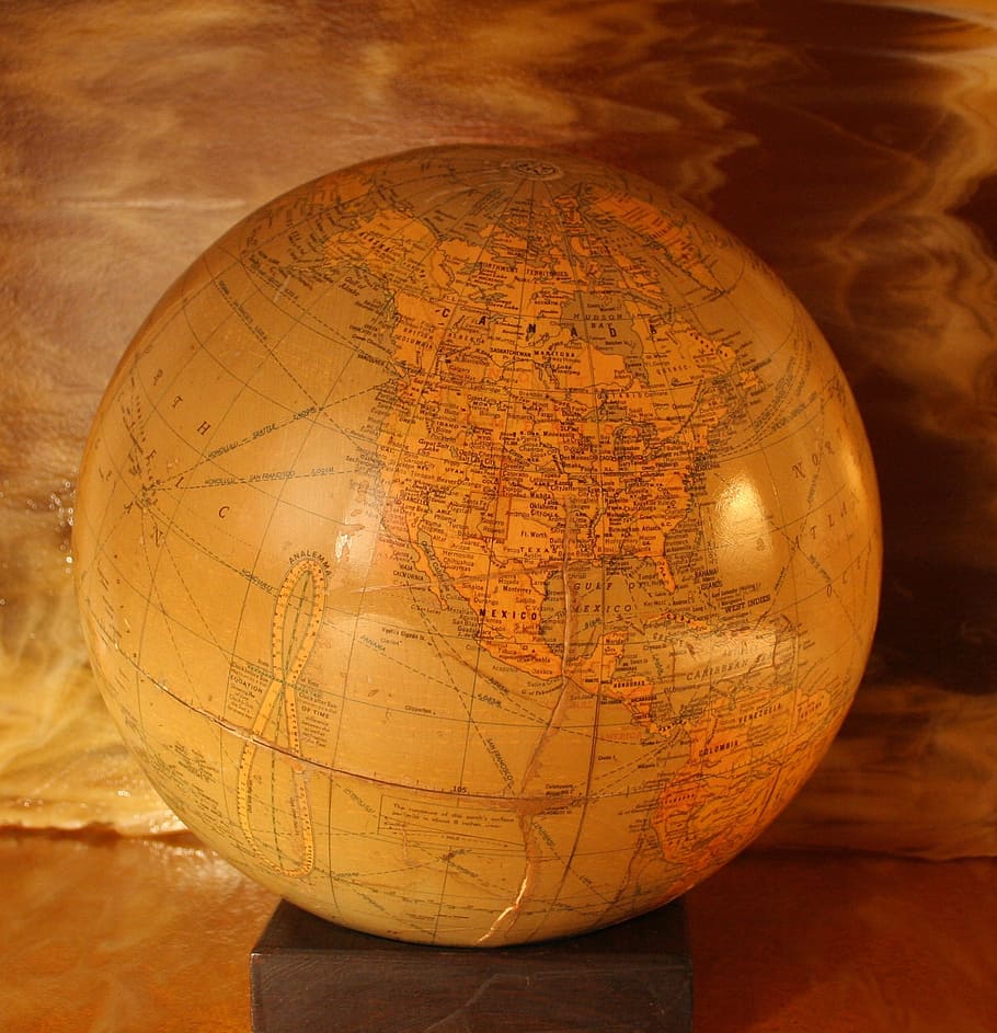 world globe, antique, map, earth, planet, sphere, geography, america, HD wallpaper