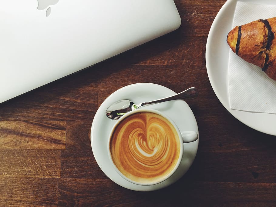 white ceramic coffee mug with saucer on brown wooden surface HD wallpaper