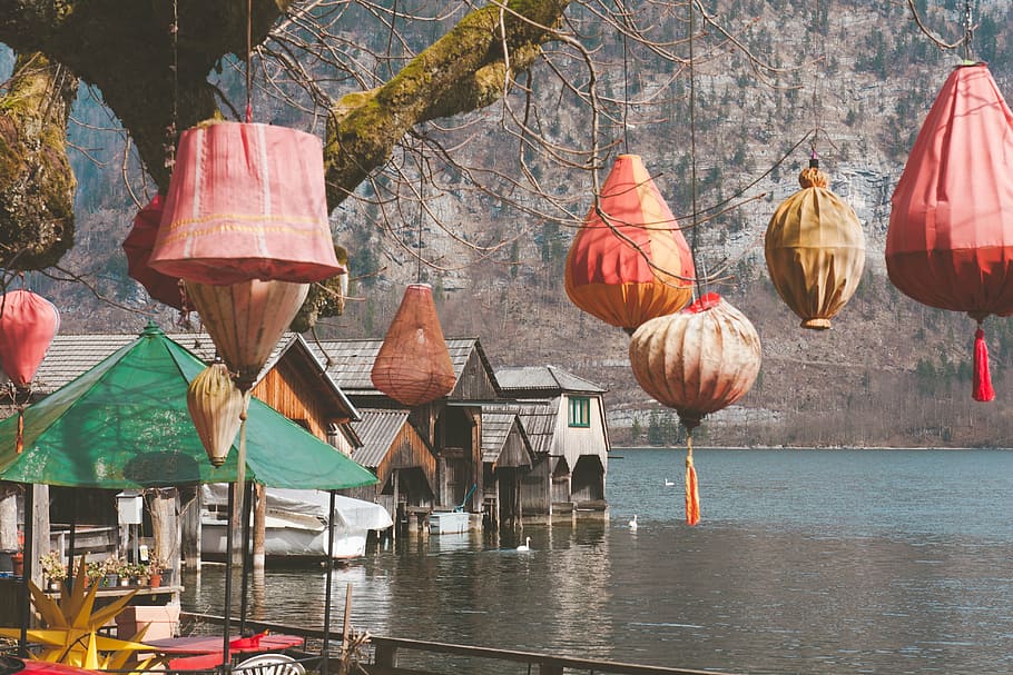 red and beige hanging lanterns on tree, light, design, lighting HD wallpaper