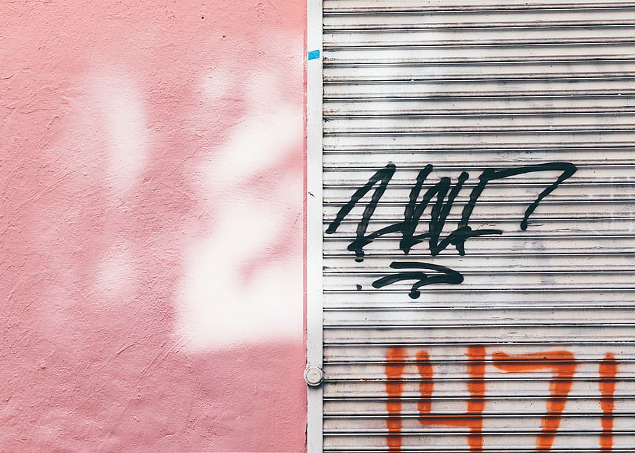 gray shutter roller with paint, graffiti, door, wall, pink HD wallpaper