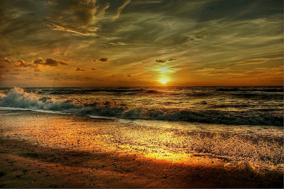 sea waves under golden hour photography, beach, sun, sunset, romantic