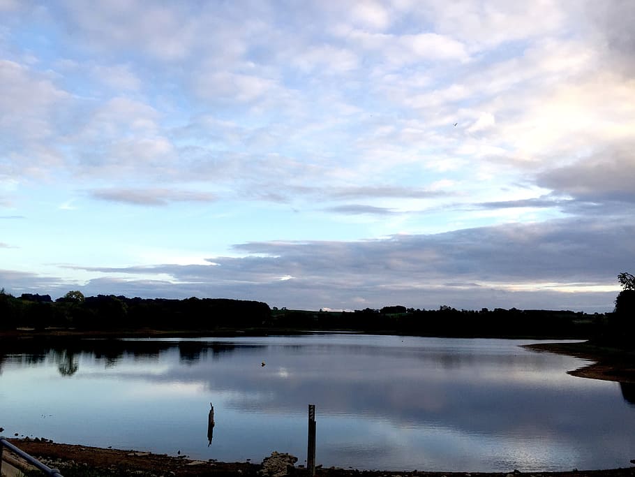 reservoir, lake, reflection, sky, landscape, water, nature HD wallpaper