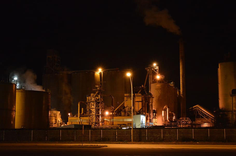 factory, industry, night, light, technology, illuminated, architecture HD wallpaper