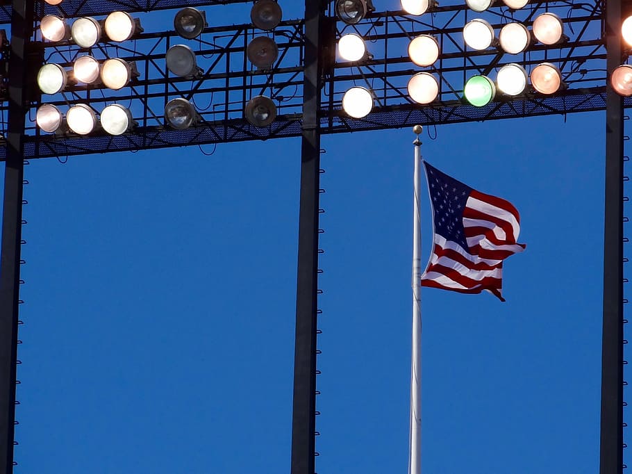 flag, lights, stadium, holiday, blue, patriotism, low angle view HD wallpaper