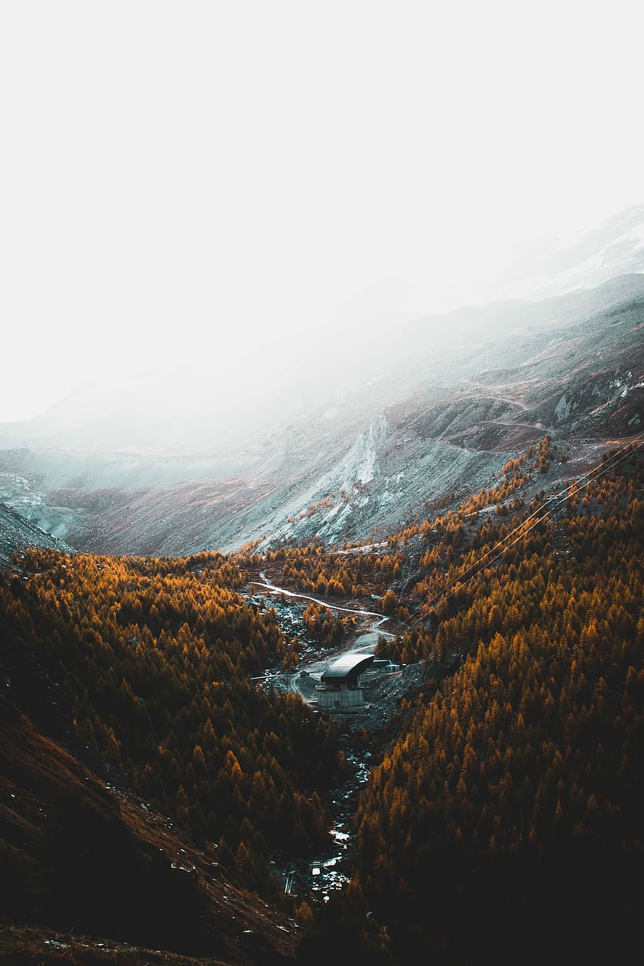 aerial photography of brown trees and mountains under white clouds, orange leaf trees surrounding gray concrete building in between mountains with fog HD wallpaper