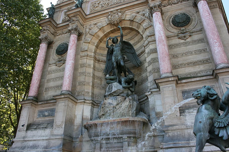 fountain saint-michel, source, paris, art and craft, representation HD wallpaper