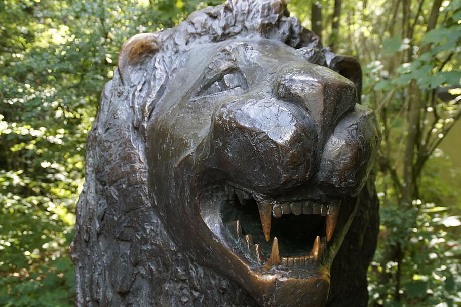 lion, metal, tooth, baring teeth, brass, bronze, statue, lion head HD wallpaper