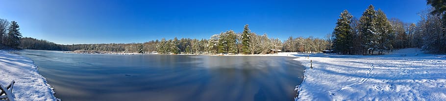 lake, winter, snow, trees, landscape, panoramic, water, ice HD wallpaper