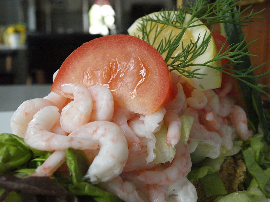 Shrimp, Tomato, Dill, Lemon, shrimp sandwich, dish, seafood HD wallpaper