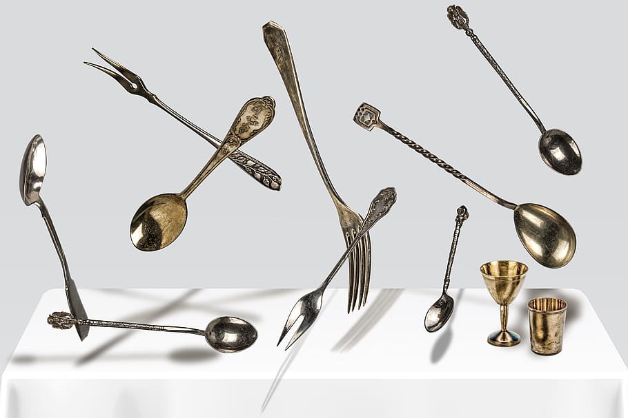 spoon, fork, cutlery, silver, glass, laying, falling, shadow HD wallpaper