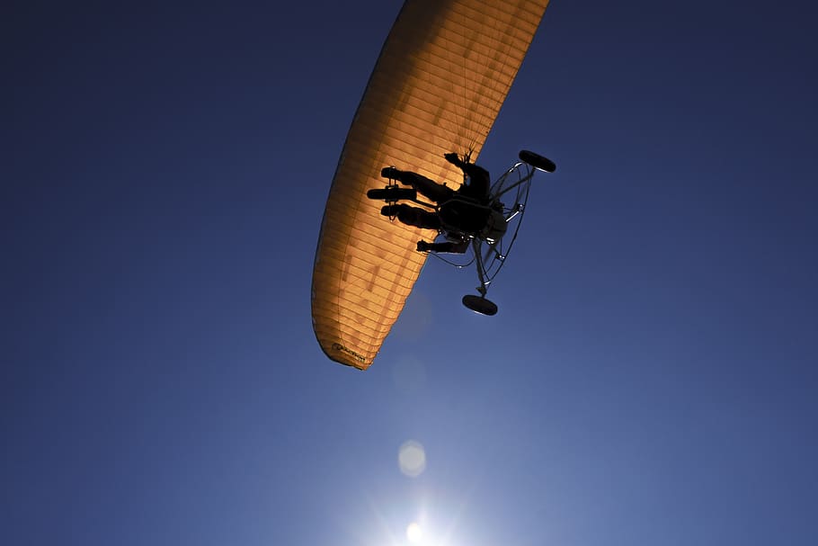 paragliding, engine, sky, low angle view, clear sky, blue, nature HD wallpaper