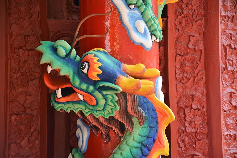 Dragon, Temple, Indonesia, Java, Travel, culture, asia, multi colored HD wallpaper