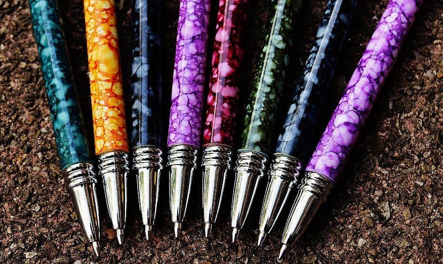 pen, writing implement, leave, office, colorful, office accessories HD wallpaper