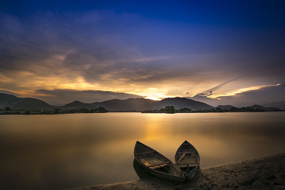 two boats on seashore across mountain during golden hour, nice HD wallpaper