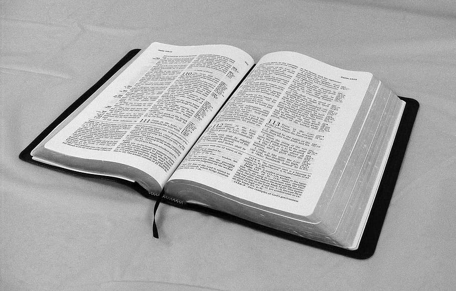 opened bible on grey cloth, book, text, word, scripture, faith HD wallpaper