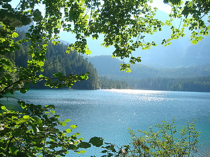 blue body of water near mountain, lake, view, calming, beautiful HD wallpaper