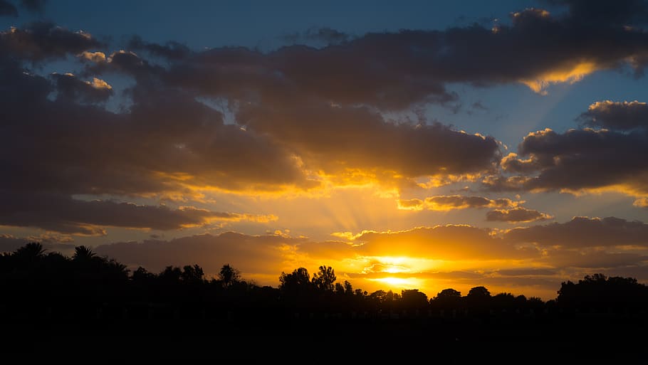sky, dark, orange, black, trees, mountain, clouds, sun, sunset HD wallpaper