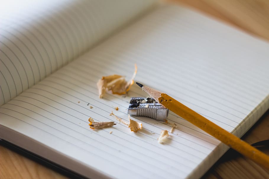 pencil with gray sharpener on notepad, notebook, paper, education HD wallpaper