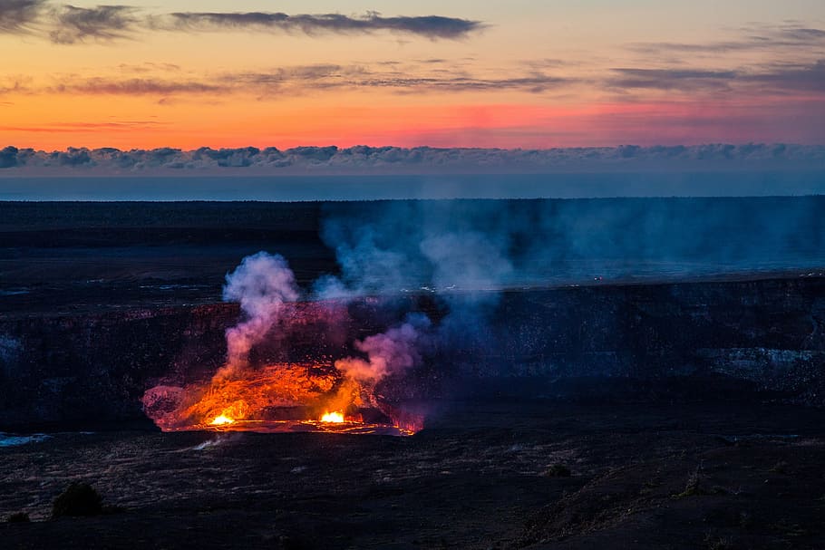 white mountains and smoke, volcano, halema‘uma‘u lava lake